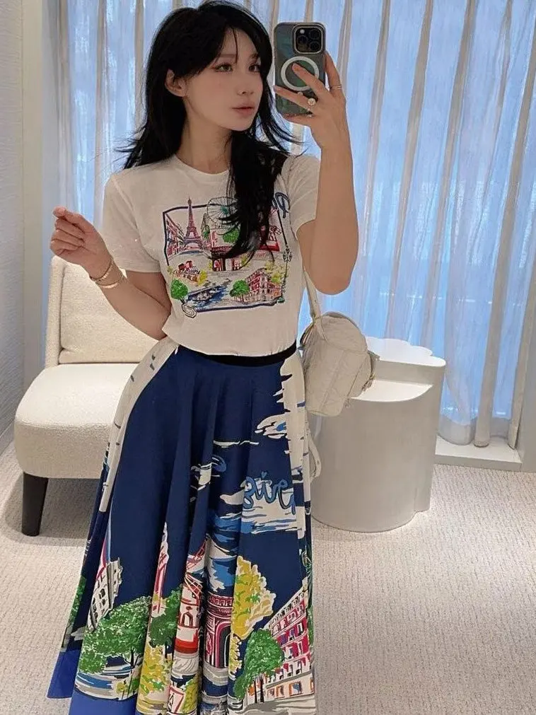 

Синяя юбка-миди из чистого хлопка с высокой талией и цветочным принтом, женская юбка трапециевидной формы длиной f, утягивающий эффект, повседневная одежда, застежка-молния