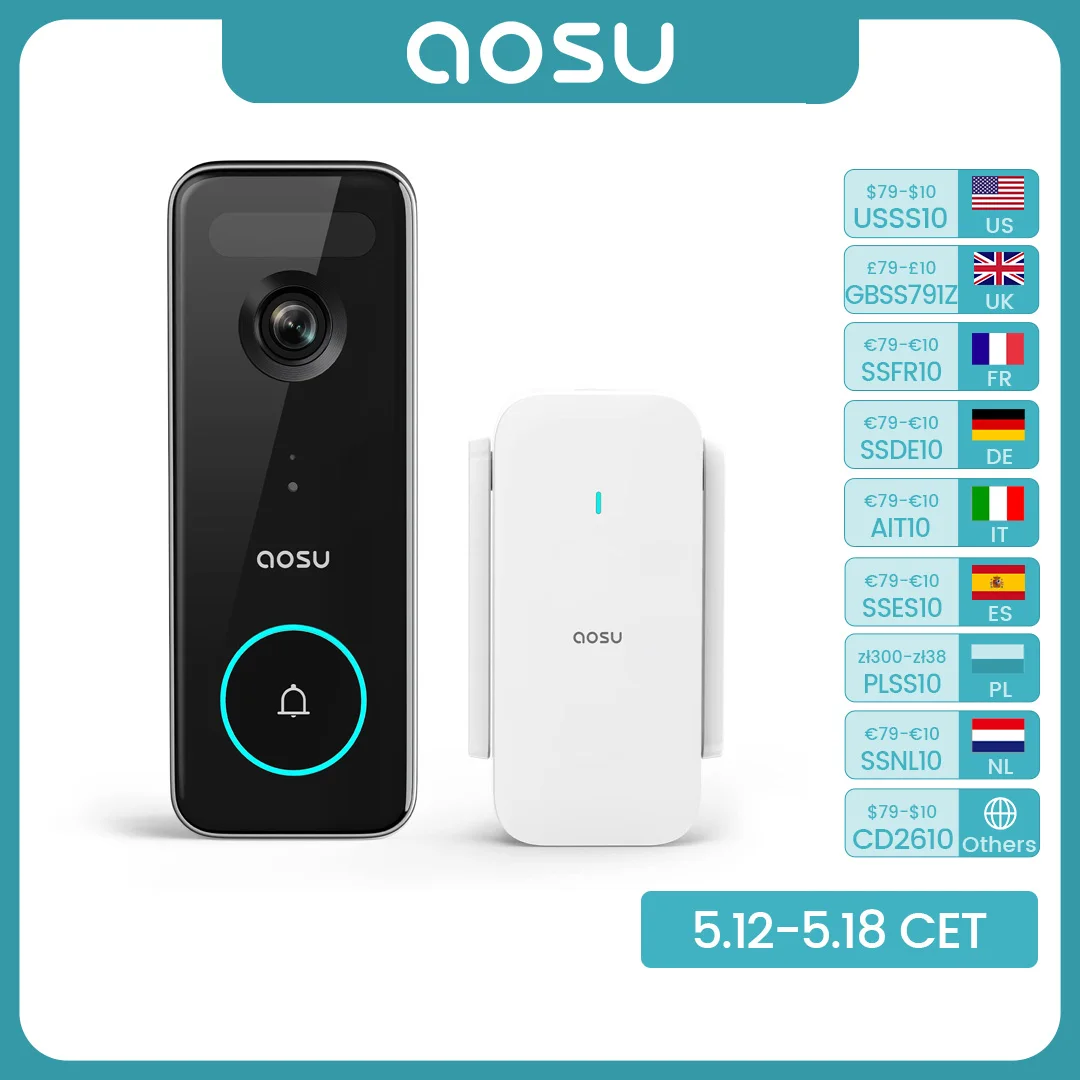 AOSU 5MP Ultra HD WiFi Video Doorbell Outdoor Camera PIR Motion Detection 2-Way Audio IP66 Wireless Door Bell Support Alex