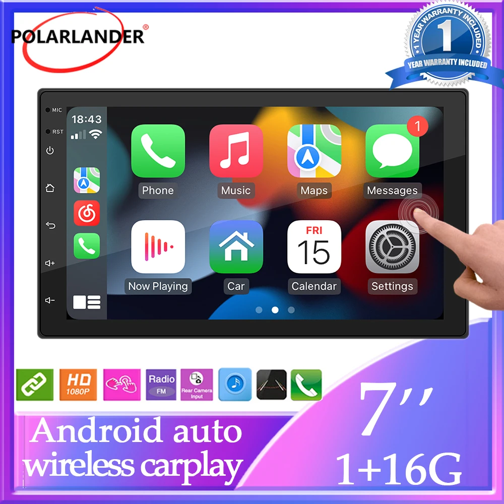 

7-дюймовая автомобильная магнитола на Android 11 с поддержкой Double Din, беспроводным CarPlay, Android Auto, GPS, Wi-Fi, Bluetooth и FM-радио