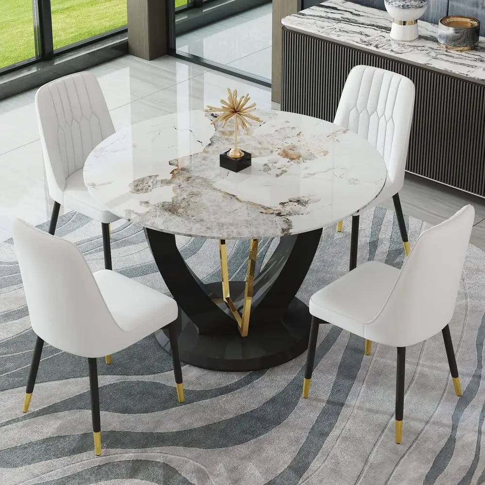 

Round Dining Table Set for 4, 48 Dining Room Table with Faux Marble Tabletop and 4 Upholstered Chairs,Modern Round Kitchen Tabl