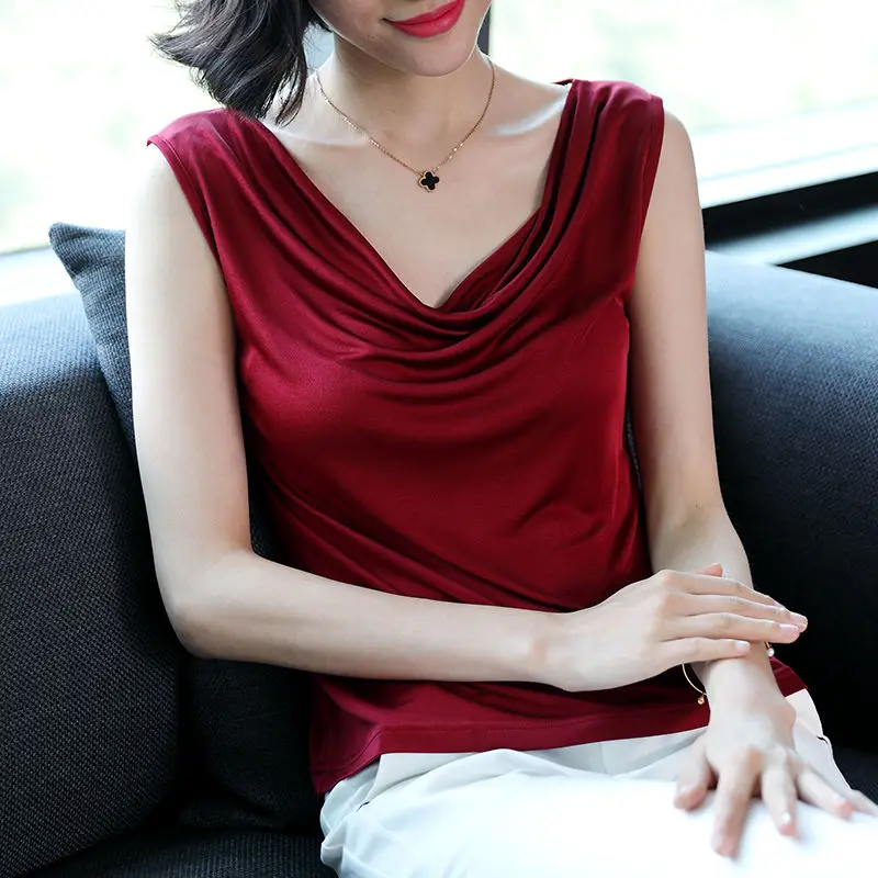 Summer New White Pleated Bottoming Shirt Sleeveless Solid Color Off Shoulder Office T Shirt Tops Vintage Fashion Women Clothing