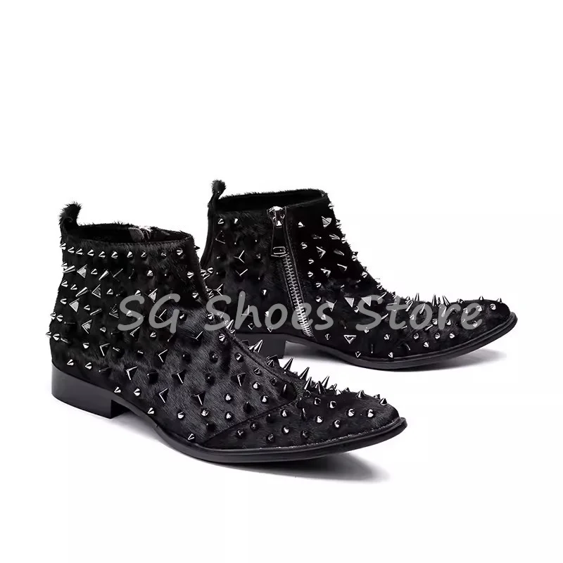 

Punk Black Rivet Decor Short Boots for Men British Style Round Toe Chunky Heel Short Boots Male Party Pub Dj Leisure Shoes