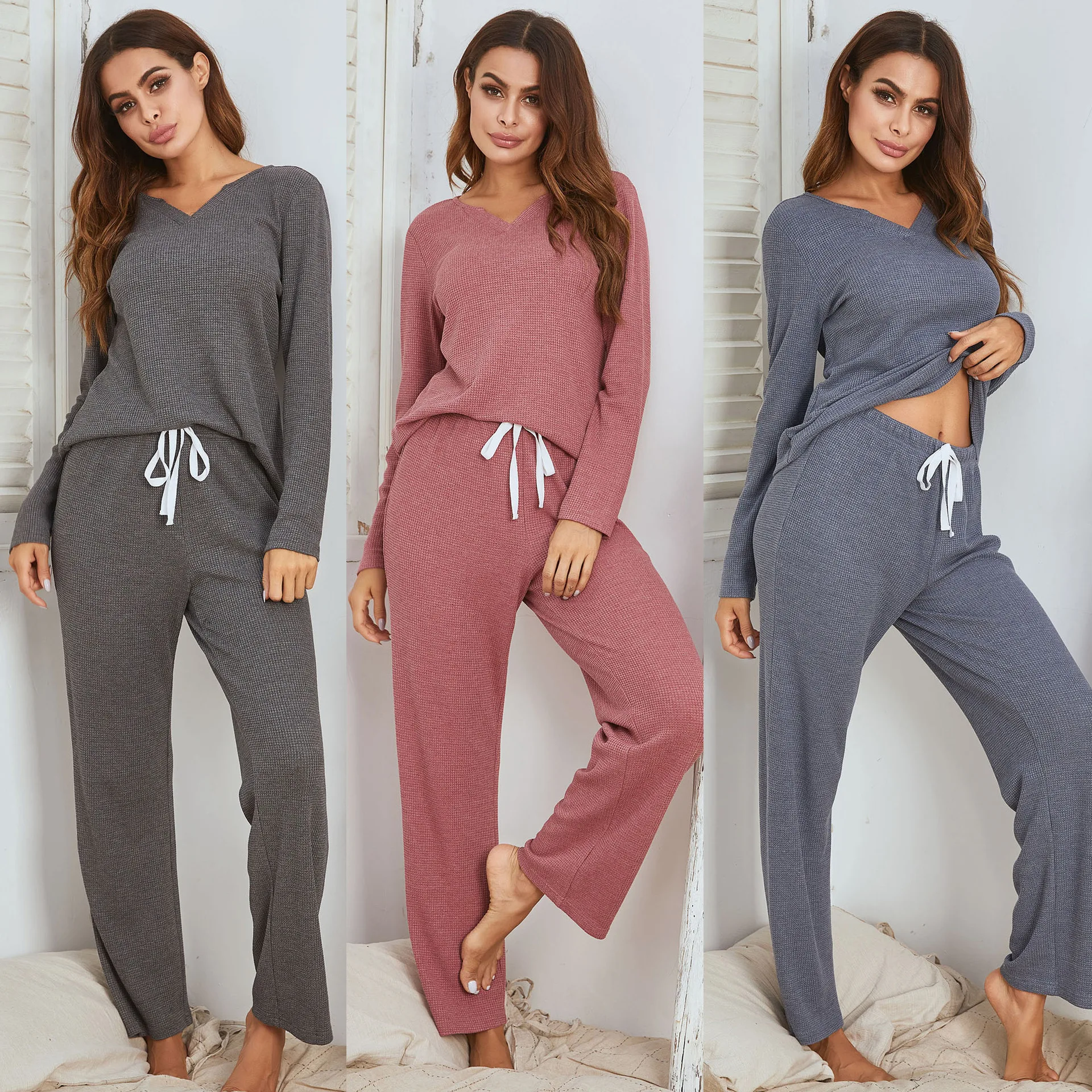 

Two Pieces Women Pajama Sets Casual Women's Sleep Solid V Neck Long Sleeves Top Drawstring Full Length Pants Loose 2025 Autumn