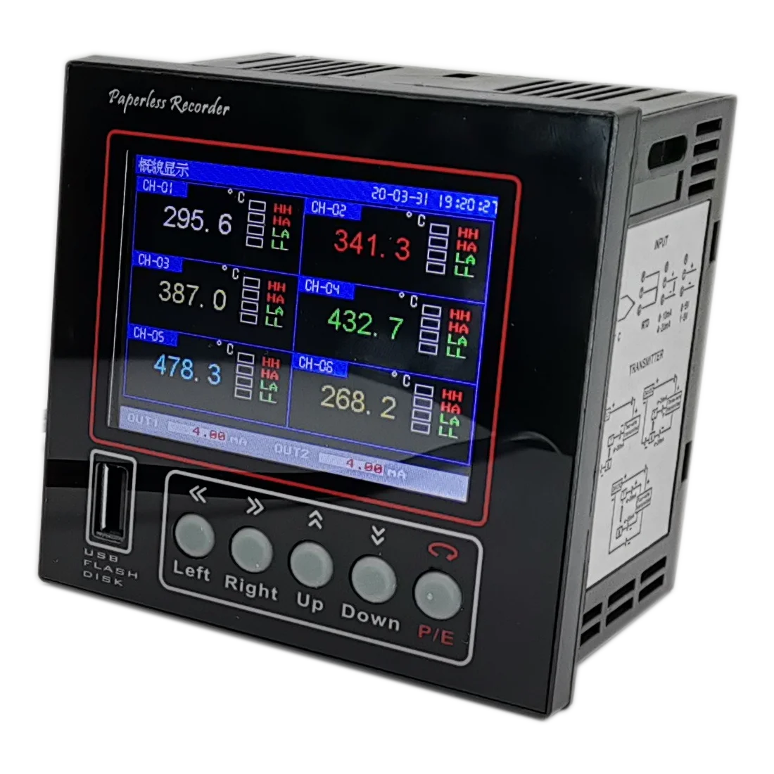 

MPR600:0.2% Universal Digital 6 Channel 4-20ma+PT100+Thermocouple Paperless Temperature and Humidity Data Logger with USB+RSS485