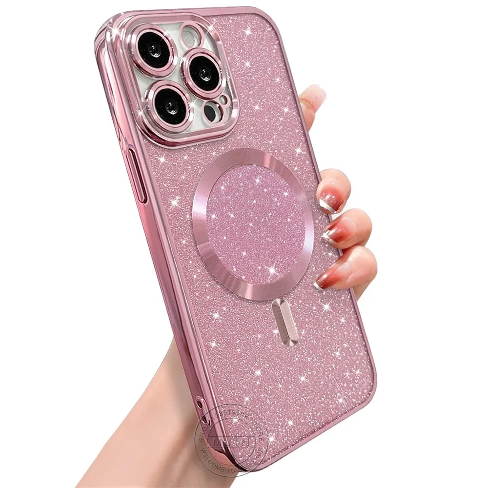 Glitter Bright Cover For iPhone 16 15 14 13 12 11 Pro Max Plus Magsafe Plating Soft Wireless Charging Bling Shining Sparkly Case