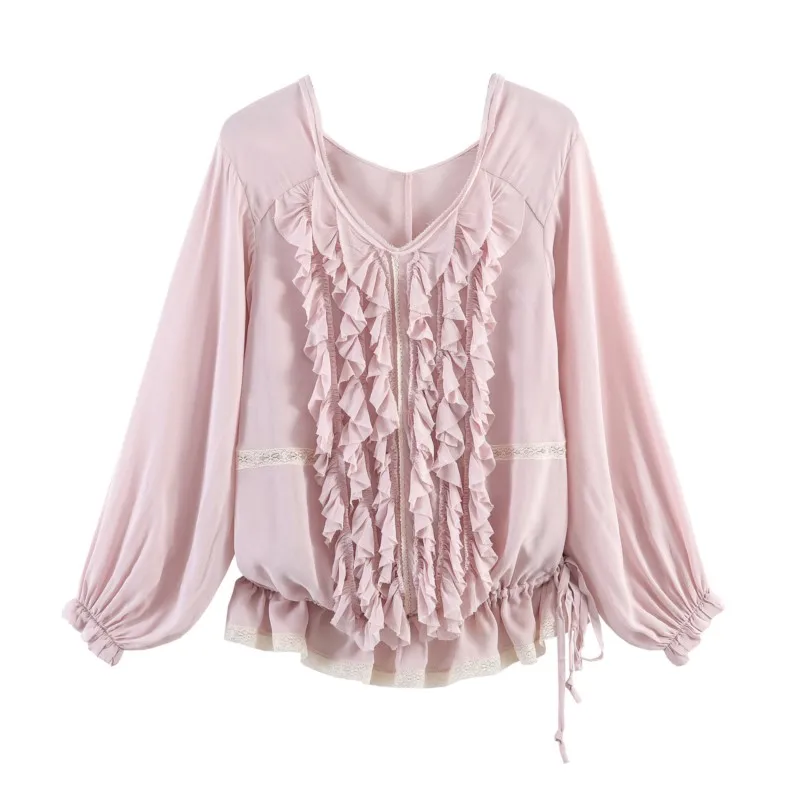

Women's Layered Lace Shirt Spring Summer V-neck Lantern Long Sleeve Blouses Fashion Drawstring Lace-up Lady Casual Tops