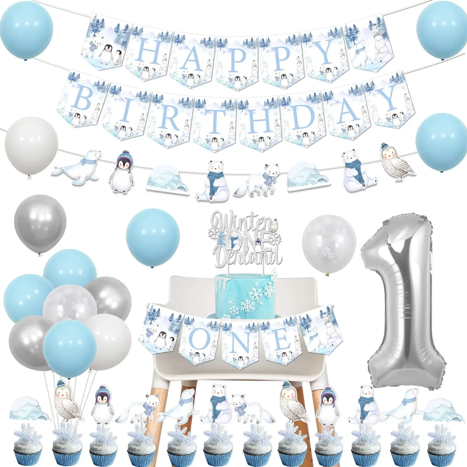 Decoraciones de 1er cumpleaños de Onederland de invierno, decoración de animales Polares árticos, pancarta, guirnalda, adornos para magdalenas y pasteles, una silla alta