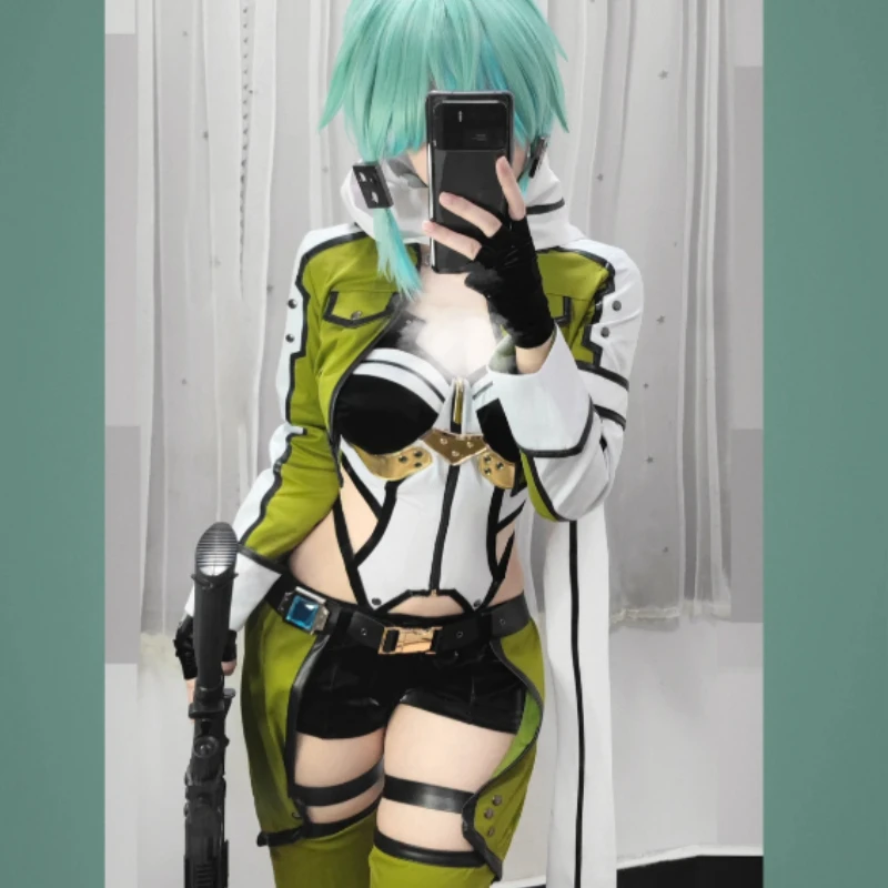 SAO Sword Art Online GGO Sinon Cosplay Costume Black Hooded Jacket Utility Belt Knee Pads Pouch Set For Women Halloween Party view 4