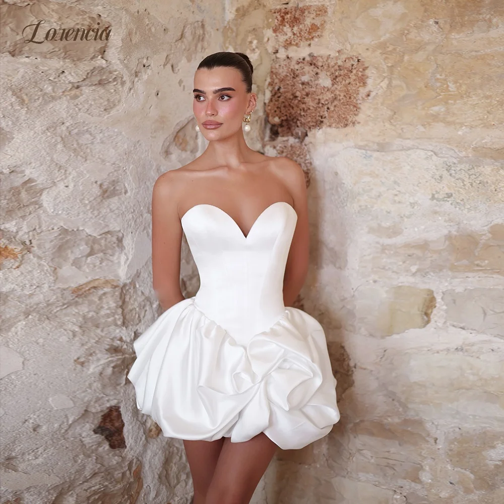 Lorencia Simple Satin Mini Wedding Dresses Sweetheart Bubble Hem Above Knee Bridal Gowns Short After Party Dresses Customized