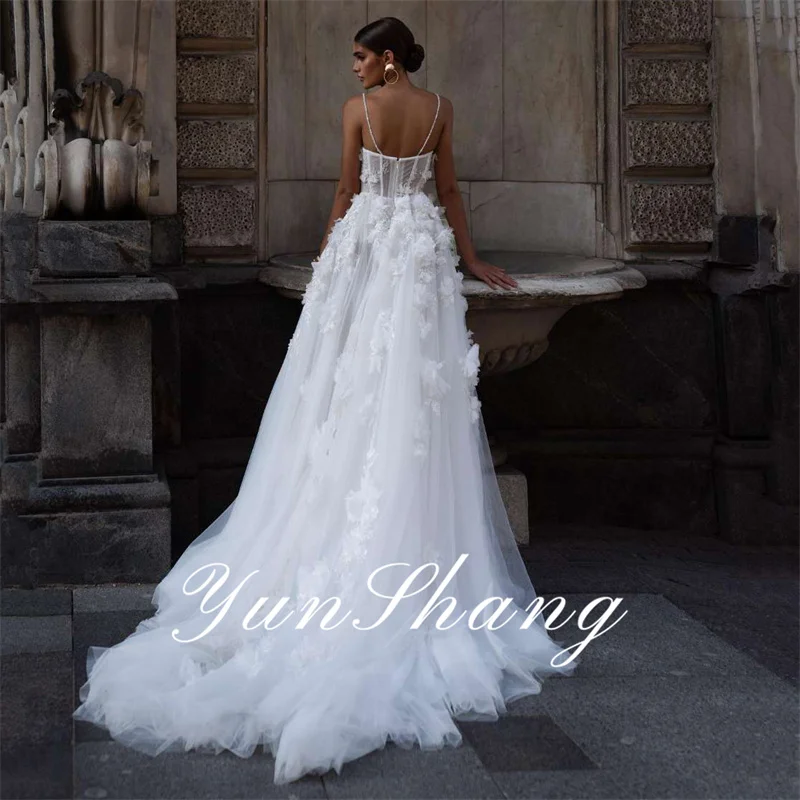 Yunshang Elegant A-Line Wedding Dress Women Open Back Lace Spaghetti Straps 3D Flower Bridal Gown Sweep Train Vestidos De Novia