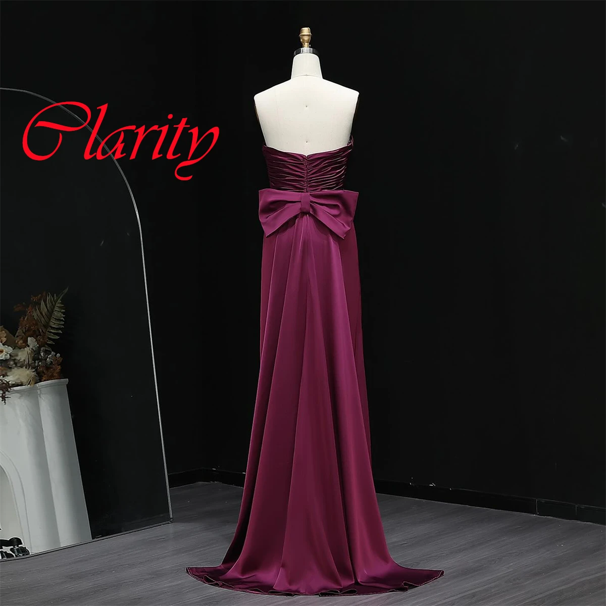 Customized Delicate Dark Purple Satin Evening Dress Exquisite Strapless Long Sleeves Zipper Back Bow Mermaid Homecoming Dress