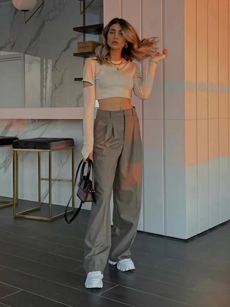 

White Hollow out Long Sleeve Short Knitted Sweater Suit Wide Leg Pants Fashion Set Summer Women's High Waist Long Pants