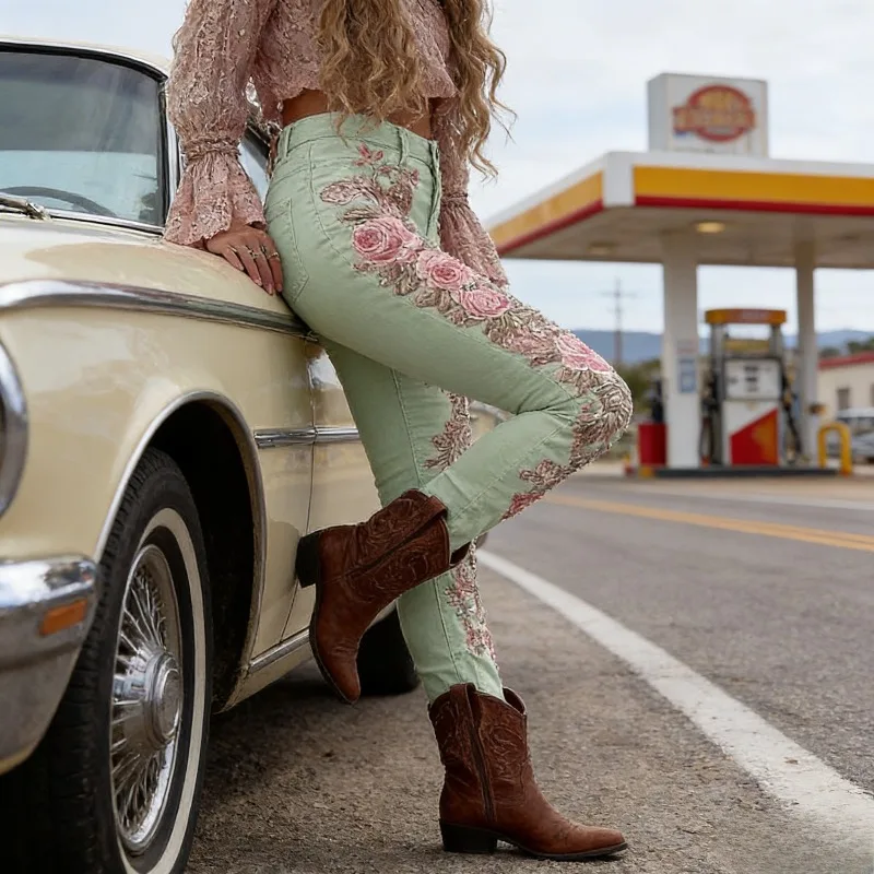 

Джинсы женские с высокой талией, стрейч, с 3D цветочным принтом, прямые, повседневные, модные