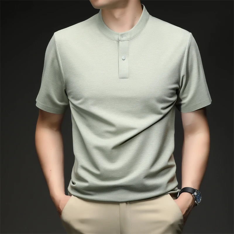 2026 New Men's Single Button Henley Neck Tee Comfortable Textured Fabric Short Sleeve For Casual And Business