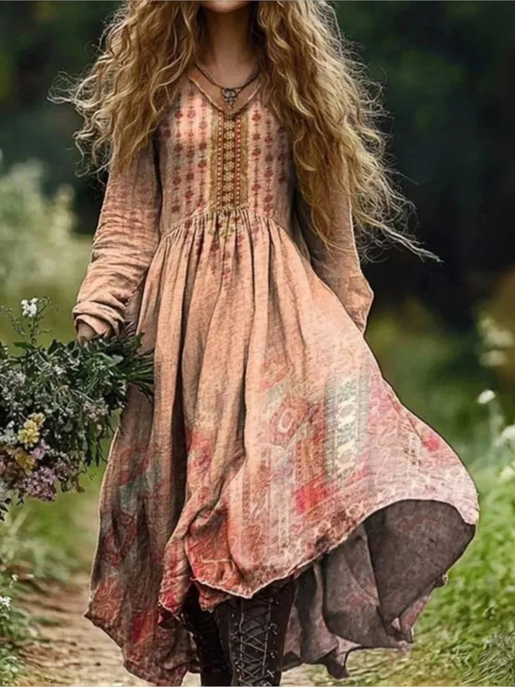 Boho Vintage Stampa Abiti Lunghi Per Le Donne 2025 Casual Scollo A V Manica Lunga Giunzione A Vita Alta Abito Allentato Autunno Moda Abiti