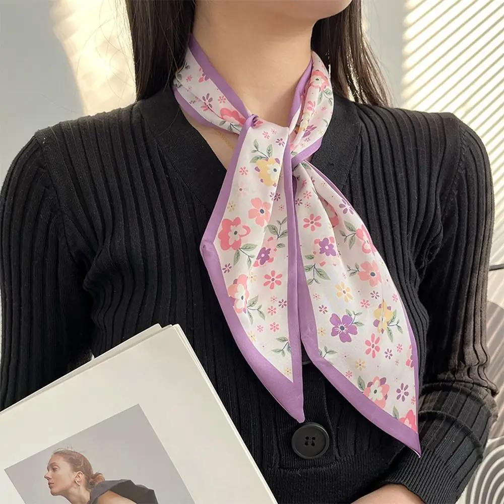 Neck Scarf Plaid Headscarf Heart Lattice Korean Style Scarves Women Hair Ribbon Floral Satin Silk Scarf Flower Printed Scarf