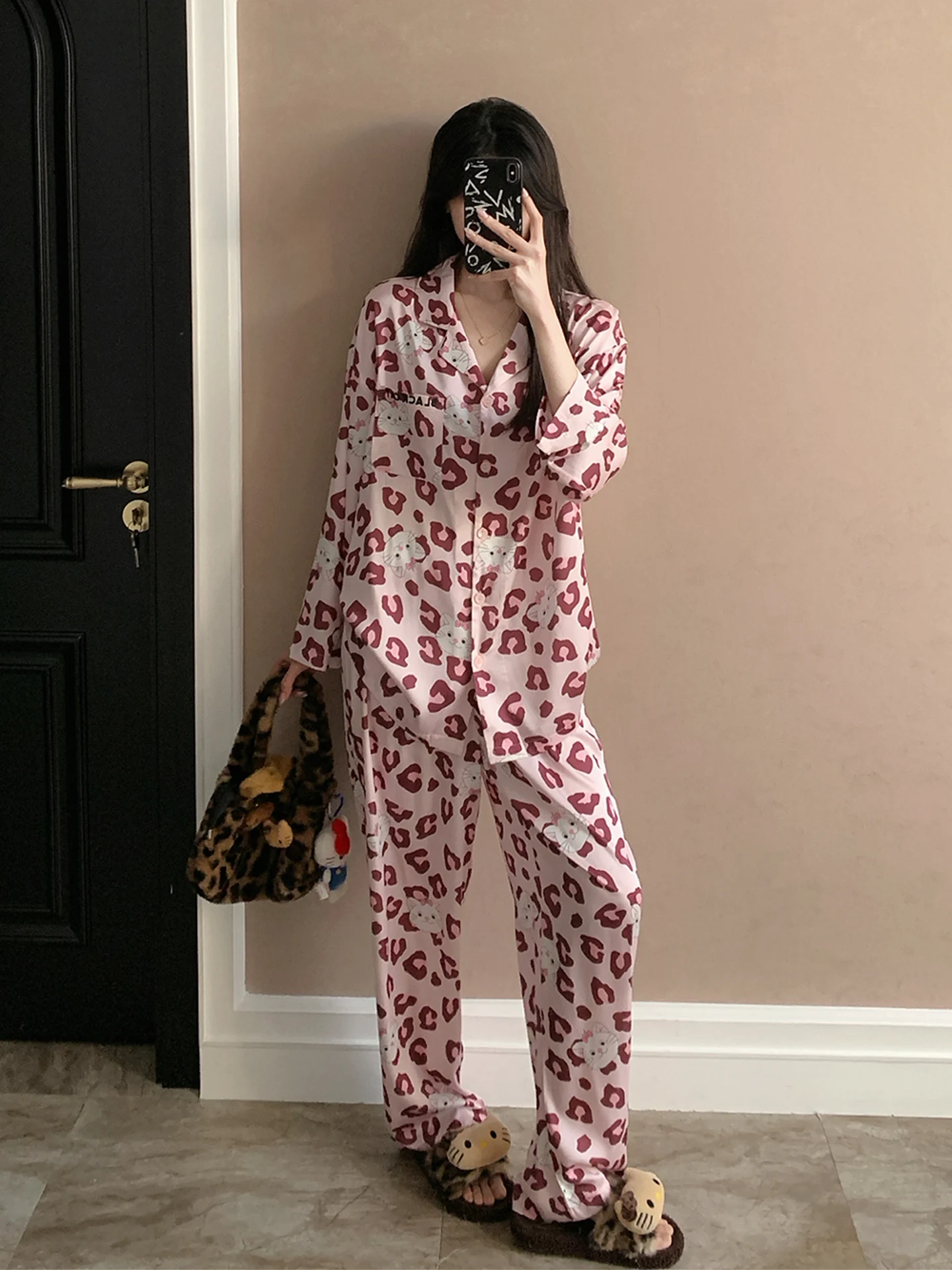 ice-silk-sleepwear-women's-long-sleeve-thin-cardigan-home-clothes-leopard-print-set-large-size-autumn-new-style-outwear