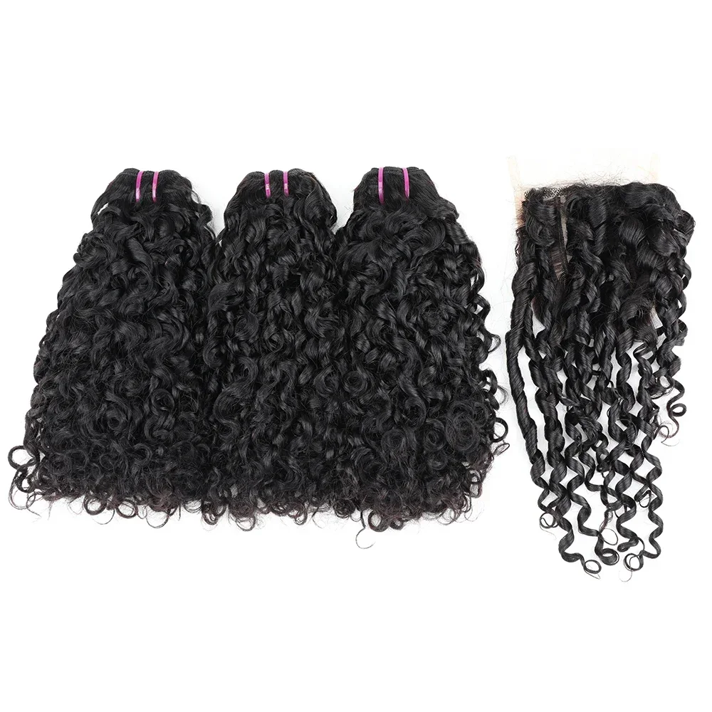 Brazilian Double Drawn Spirals Curly Bundles with Closure Pixie Curl Human Hair Bundle Weave Extension with 4x4 Lace Closure