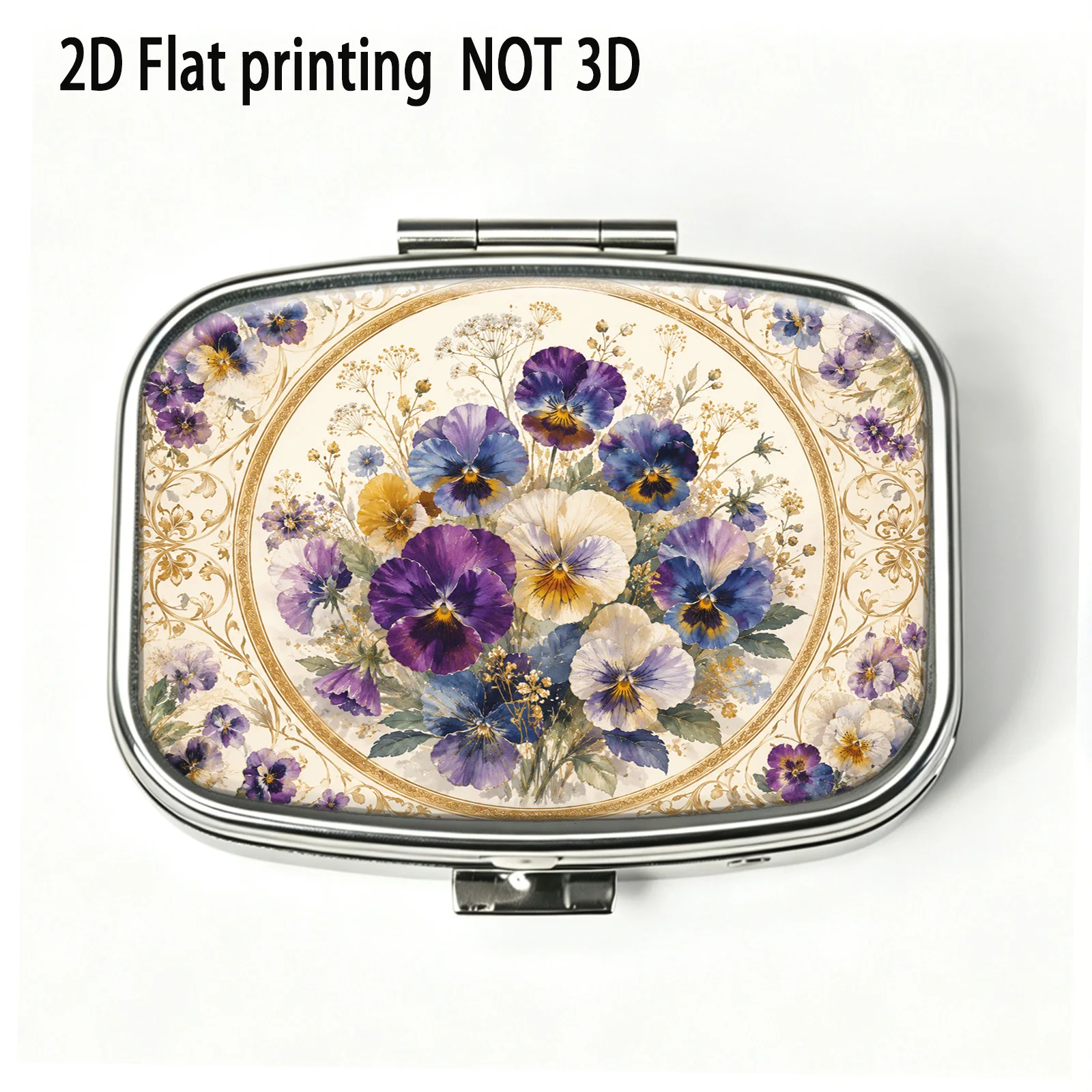 Single-piece, flat, three-tone purple-violet floral circular pattern square double-compartment design box, portable travel case, light luxury high-end, decorative metal storage box, used for storing medicines and vitamins