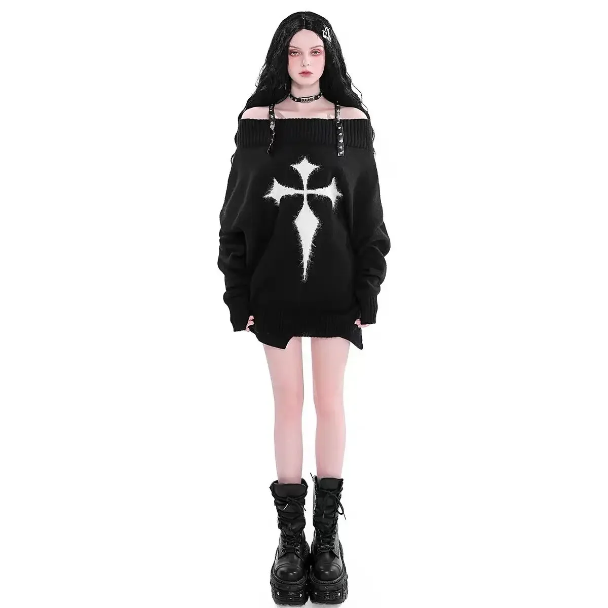 Cross Pattern Punk Harajuku Sweaters Women Clothing Rivet Shoulder Strap Off Shoulder Thin Black Knitted Pullovers Women Top