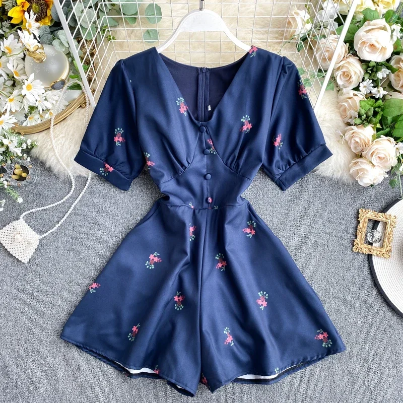 New Summer Women's Jumpsuit Korean Vacation Style V-neck Print High-waisted Wide-leg Jumpsuit New Female Slim Jumpsuits DE651