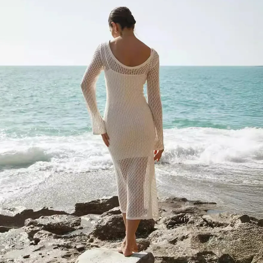 Prowow Sexy Slip Dress + Cover-ups Two Piece Women Beach Wear Suits Sexy Crochet Knitted Summer White Color Female Clothing Set