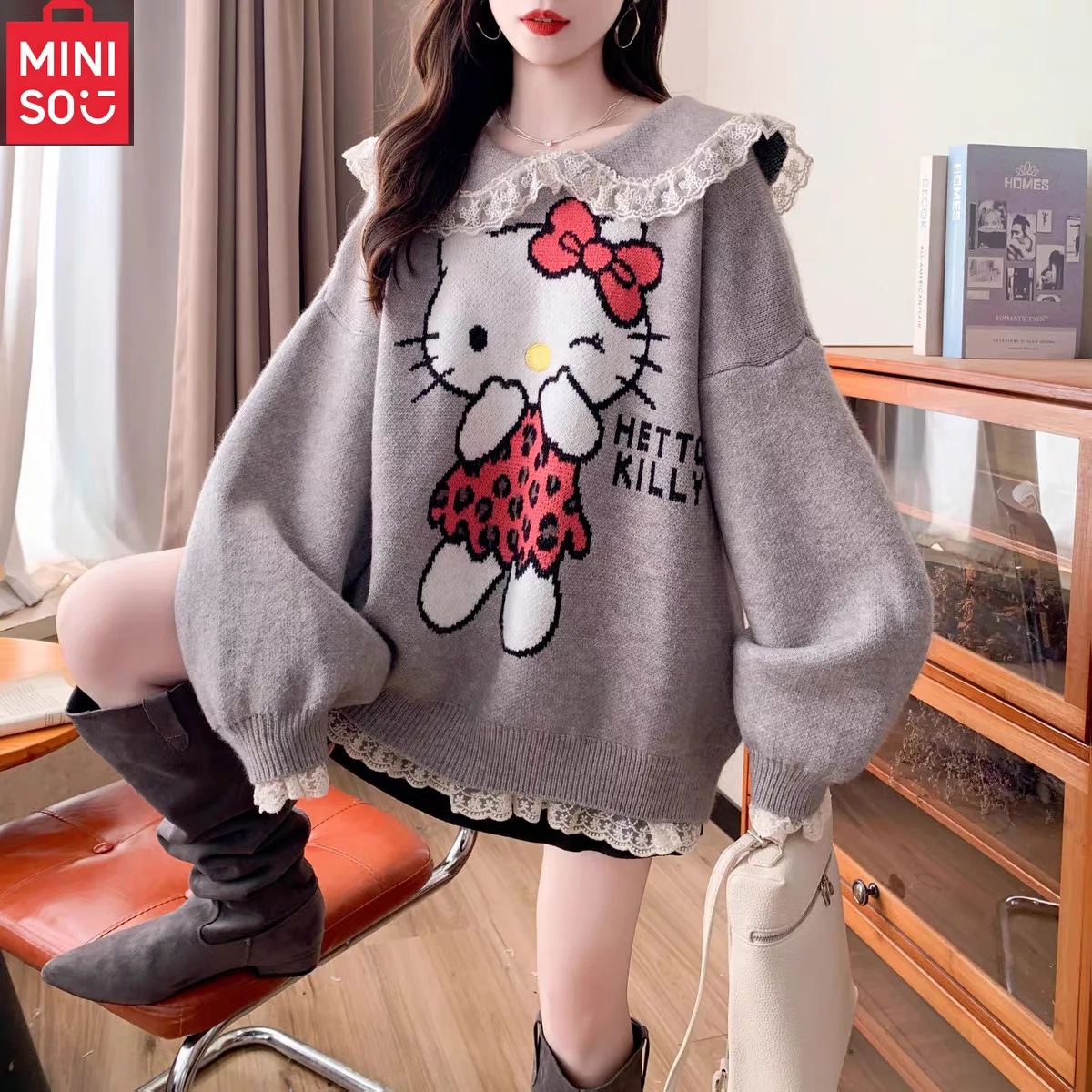 

MINISO Thick Sweater Doll Collar Cartoon Embroidery Loose Large Edition Sweater Women's Loose Knitted Top