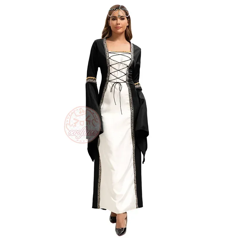 فستان طويل بأكمام مربعة ورقبة مربعة من القرون الوسطى، ملابس نسائية كلاسيكية على الطراز القوطي، رداء محكمة من العصور الوسطى