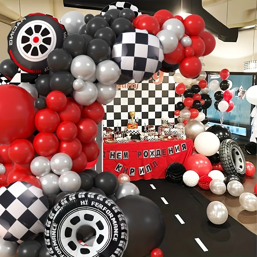 109pcs Race Car Theme Balloon Garland Arch Kit Checker Tire Red Black Latex Balloons for Boy's Birthday Party Baby Shower Decor view 2