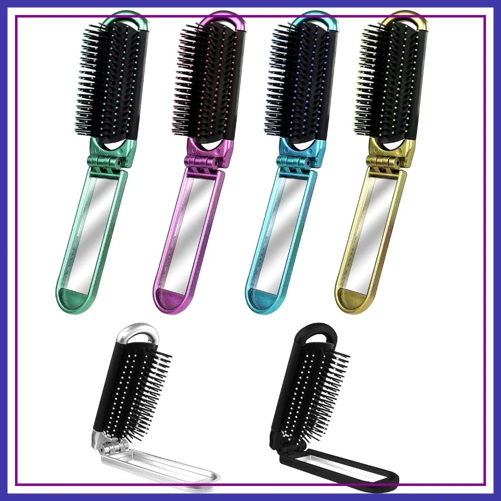 

6 PCS Folding Travel Hairbrush Set with Compact Mirror for Women - Mini Pocket Brush for Purse and Girls