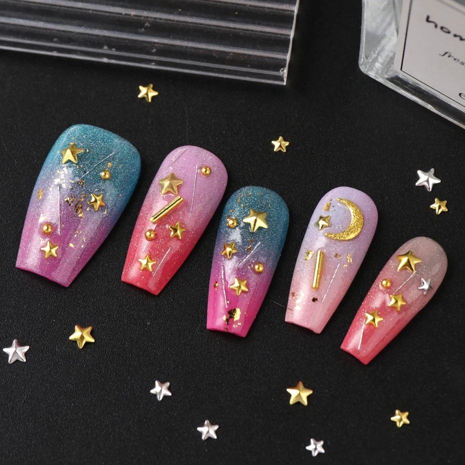 12 Grids Golden Silvery Stars Heart Nail Charms Metallic Stars Heart Sequins for Nails Suitable for Ramadan Women's Nail Decor view 5