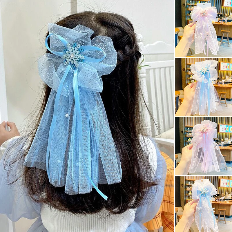 

Snowflake Ribbon Hairpins Fairy Princess Mesh Gauze Bow Hair Clips Headwearhotography Props