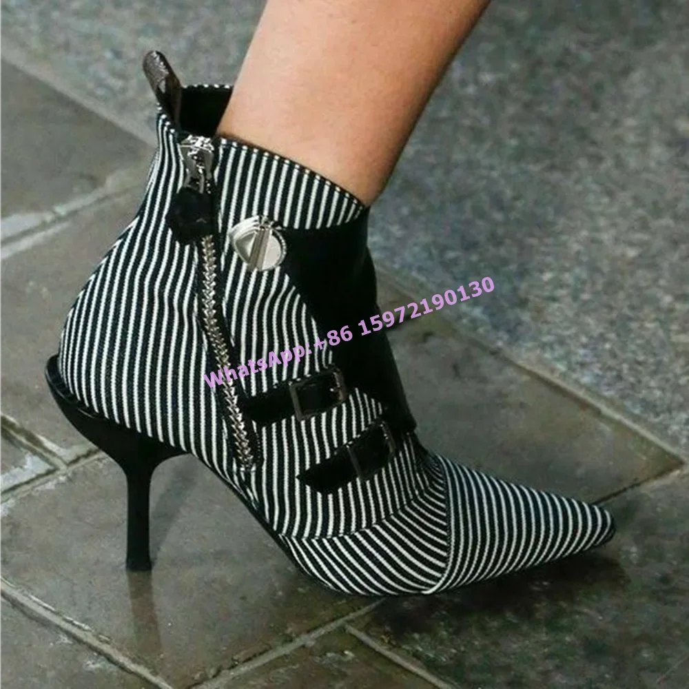 

Stripes Zipper Ankle Boots Black White Buckle Pointy Toe Thin Heels Fashion Runway Shoes Concise Design Women's Winter Shoes