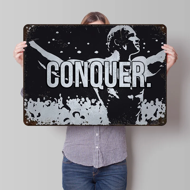 Affiche CONQUER personnalisée, plaques métalliques vintage, art mural, plaque en étain rétro pour la décoration, décorations de garage, décor de bureau, décoration de chambre, décoration de maison