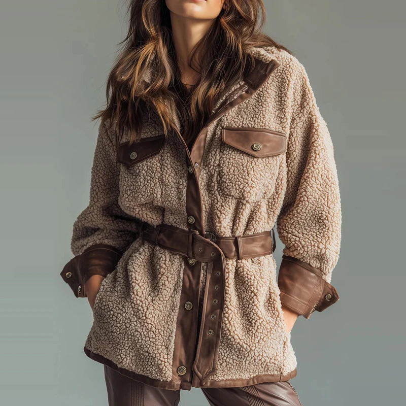 

Женское повседневное пальто из искусственной кожи с длинными рукавами и карманами, элегантное утепленное однотонное пальто из ягненка, модное лоскутное пальто с лацканами и пуговицами