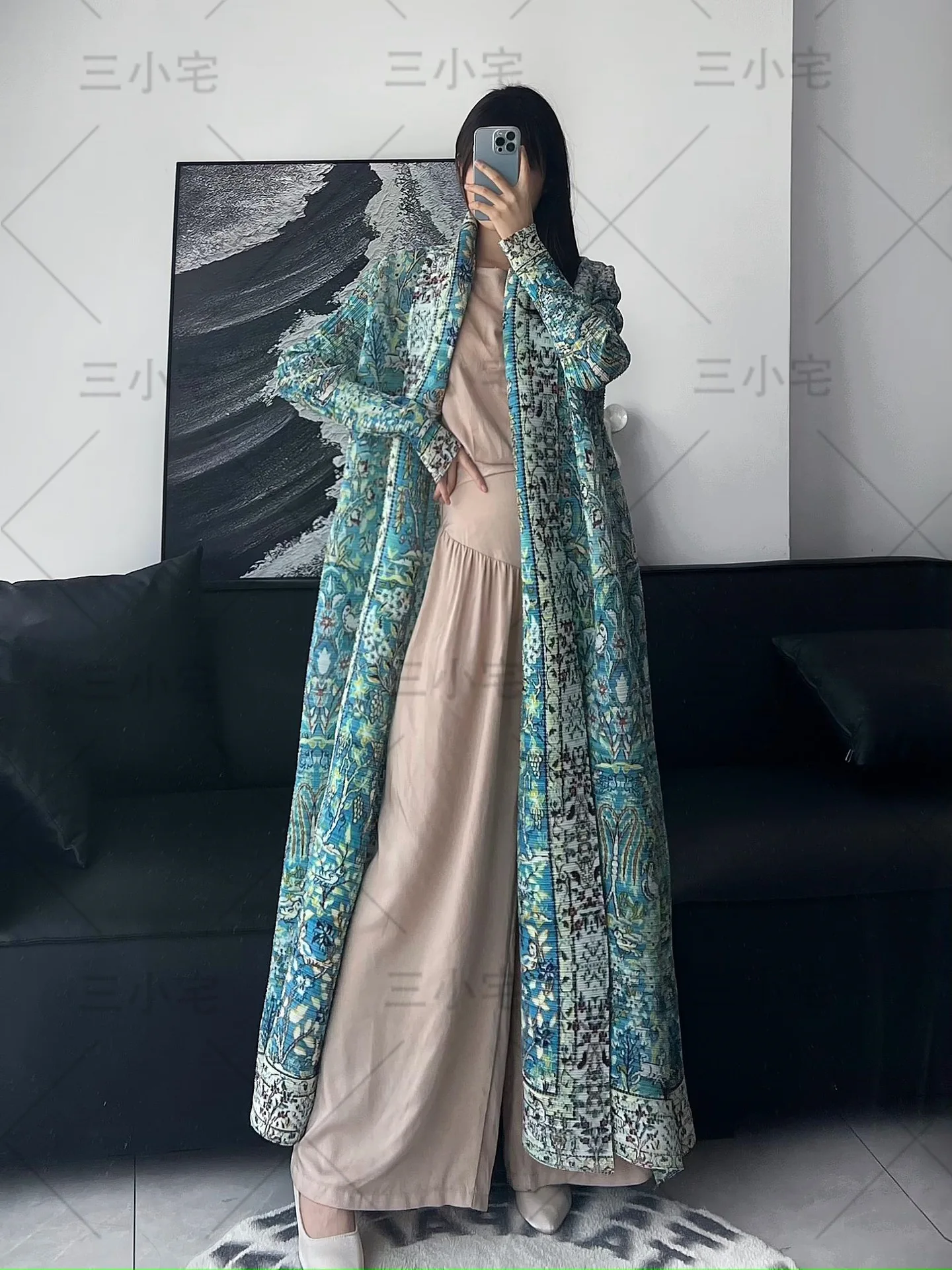 

ALSEY Miyake Folds 2025 Summer New Abaya Printed Long Robe Fashion Versatile Elegant Gentle Temperament Loose Design Sense Coat