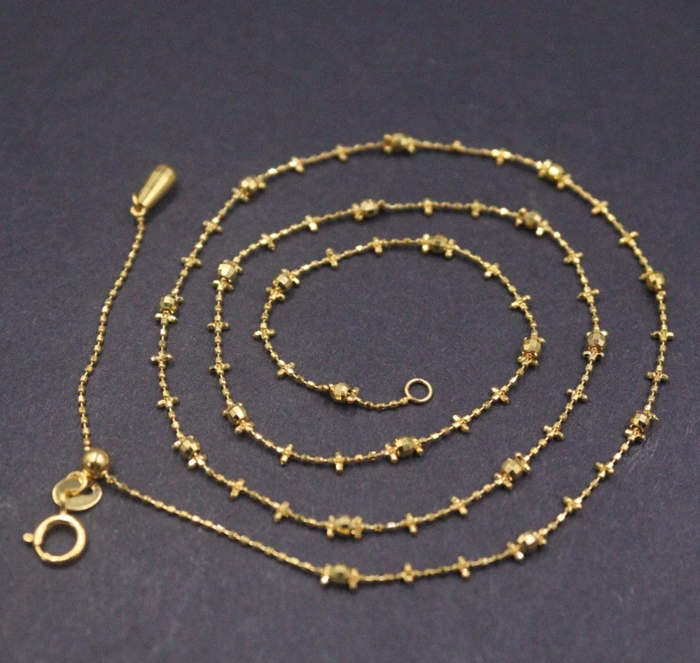 

Real Pure 18K Yellow Gold Chain Women Lucky Carved Small Beads Link Adjust Necklace 2.49g /45cm