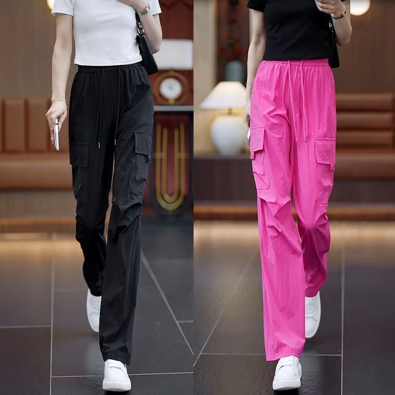 Cool Sensation Quick Dry Wide Leg Workwear Pants Women Summer Thin Straight Cut Loose Casual Trousers Asymmetrical High Waist...