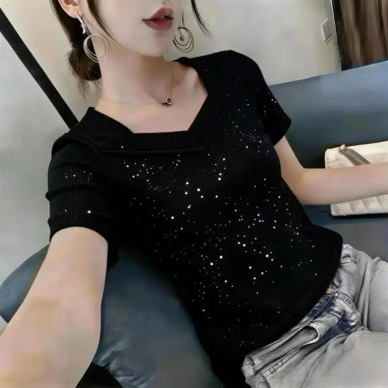 Sequined Plus Size Short Sleeve All-match Tops Tees Summer New Youth V Neck Street Casual T Shirts Fashion Trend Women Clothing