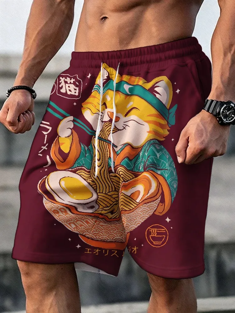 

Vintage Japanese Anime Graphic Shorts Elastic Drawstring Waist Allover Print Breathable Short Pants Casual Streetwear Daily Wear