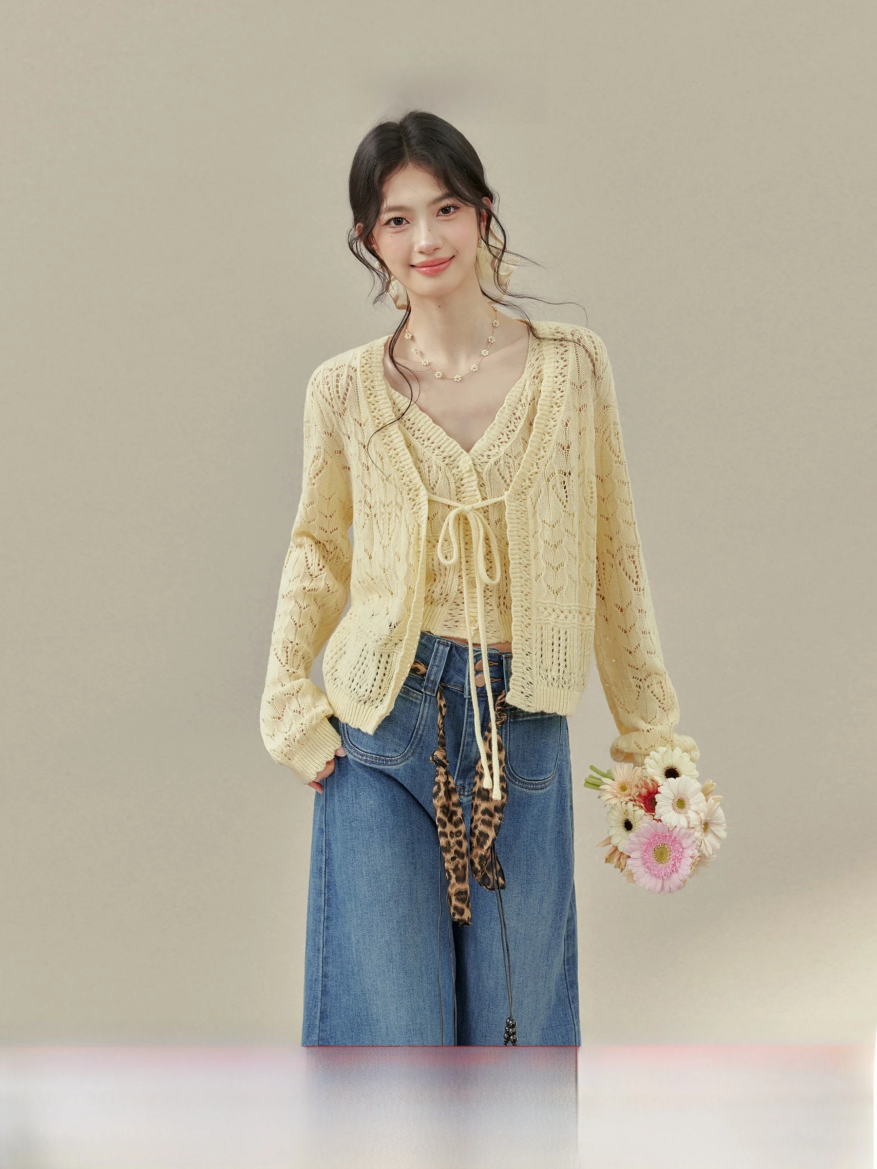 

plus Size Women's Knitted Set with Corn Syrup Strap Sweater Casual Loose Sle Long Sve V-Ne ort Coat Inner Wear Two-P...