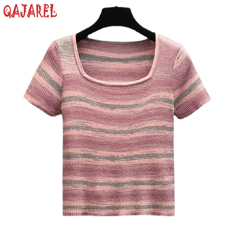 Women Purple Striped Knintted T-Shirts Summer Short Sleeve Square Collar Casual Top Coats 2024 Korean Elegant Bodycon Sweaters