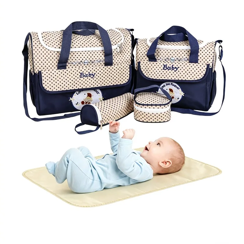 

5Pc Baby Diaper Bag Set,Large Capacity Waterproof Maternity Nappy Bag with Changing Mat Bottle Bag,Travel Organizer Bags for Mom