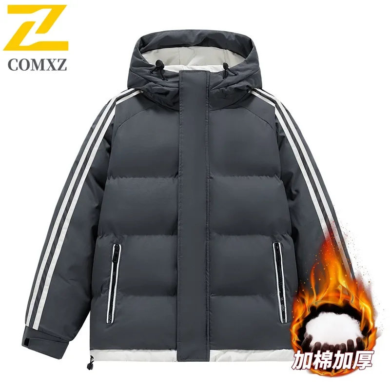 COMXZ 2025 Mens Autumn Hooded Jacket American Style Fashion Casual Plus Size Outdoor Sports Windproof Down Cotton Padded Coat