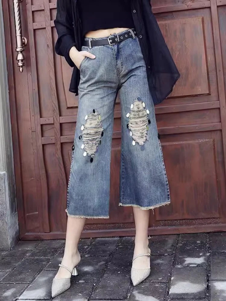 

Fashion Y2k Ripped Jeans Women Retro Street High Waist Wide Leg Pants 2025 Summer New Loose Plus Size Casual Denim Cropped Pants