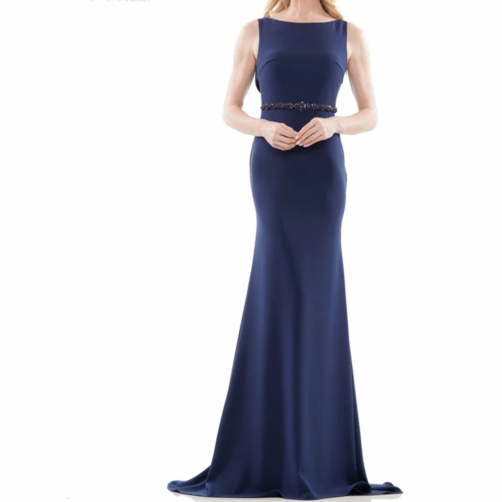 

CustomizedBlue Formal Crew neck Sleeveless Straight Floor Length Lace Jersey Sweep Train Crystal Elegant Evening Party Dress Wom