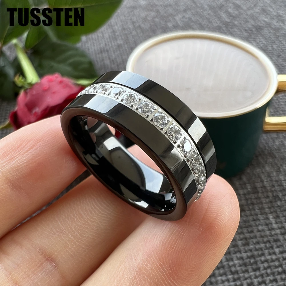 TUSSTEN 8MM CZ Stone Inlay Beveled Edges Black Tungsten Ring for Men Women Eternity Fashion Engagement Wedding Band