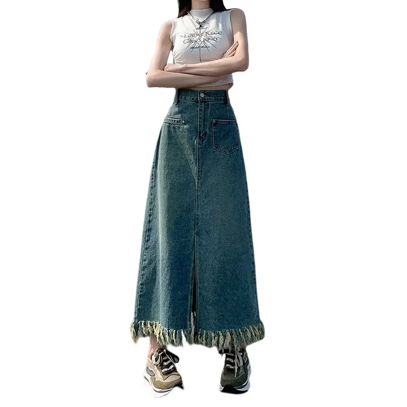 Vintage Blue High Waist Denim Skirt Women\'s Front Split Fur Fringe A-line Slim Long Skirt