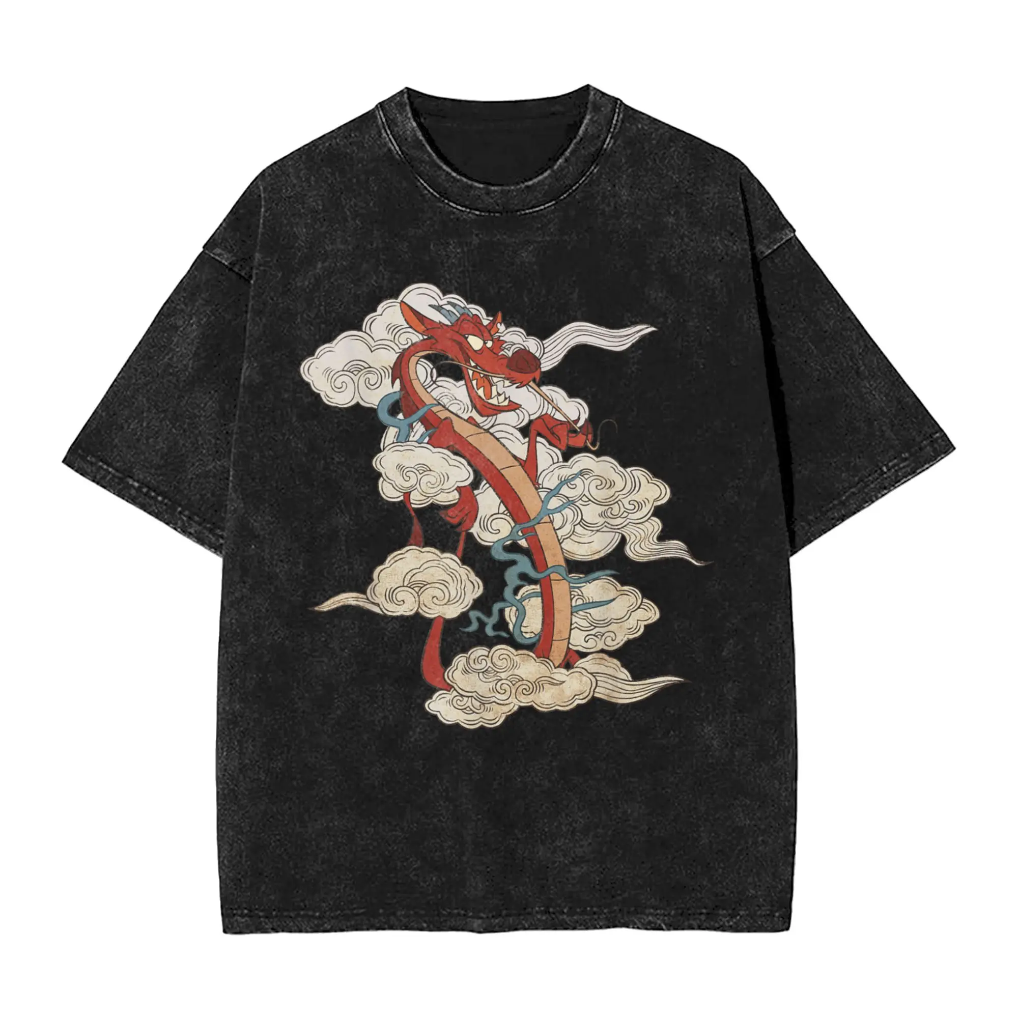 

Mushu Men T Shirt Washed Vintage Tee Shirt Short Sleeve Round Neck T-Shirt Cotton Summer Clothing