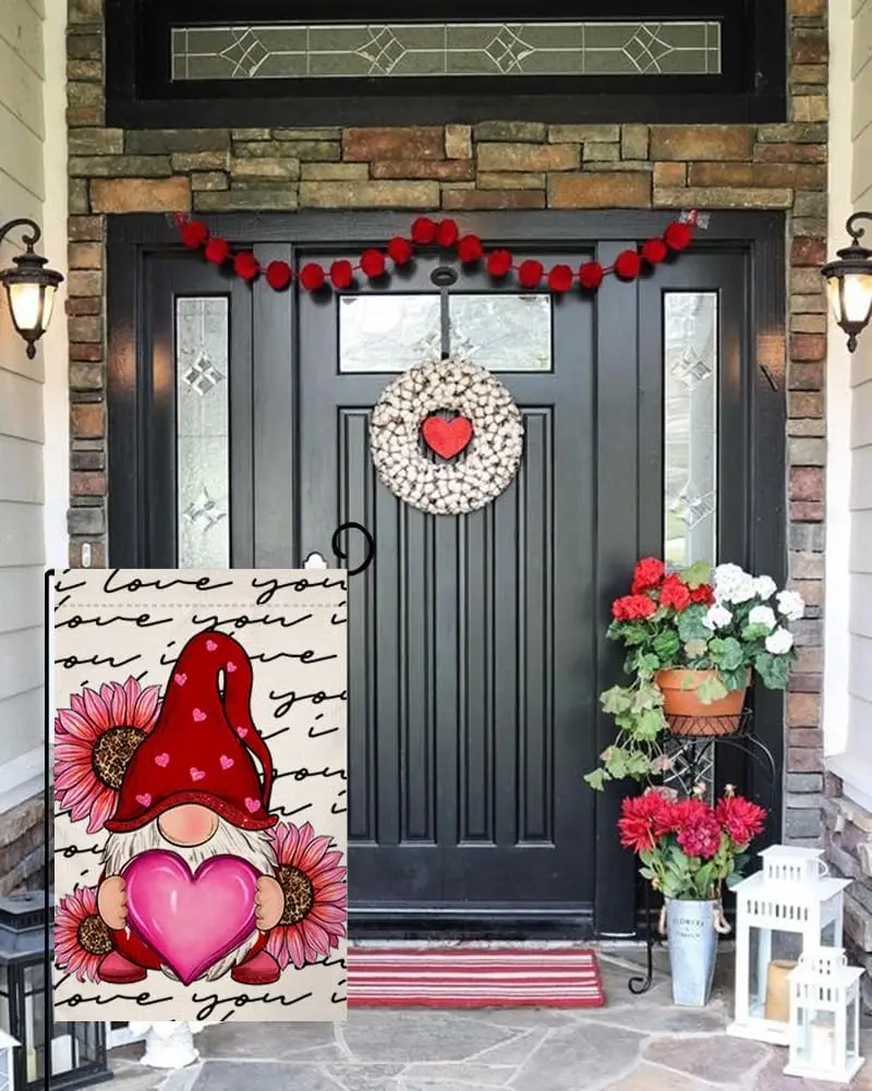 BLKWHT Valentines Gnome Garden Flag 12x18 Vertical Double Sided Red Love Floral Spring Farmhouse Holiday Outside Decorations Bur